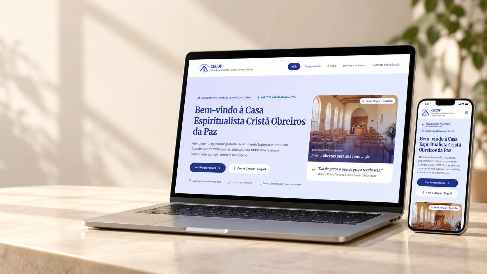 CECOP website displayed on a laptop and phone in a softly lit setting