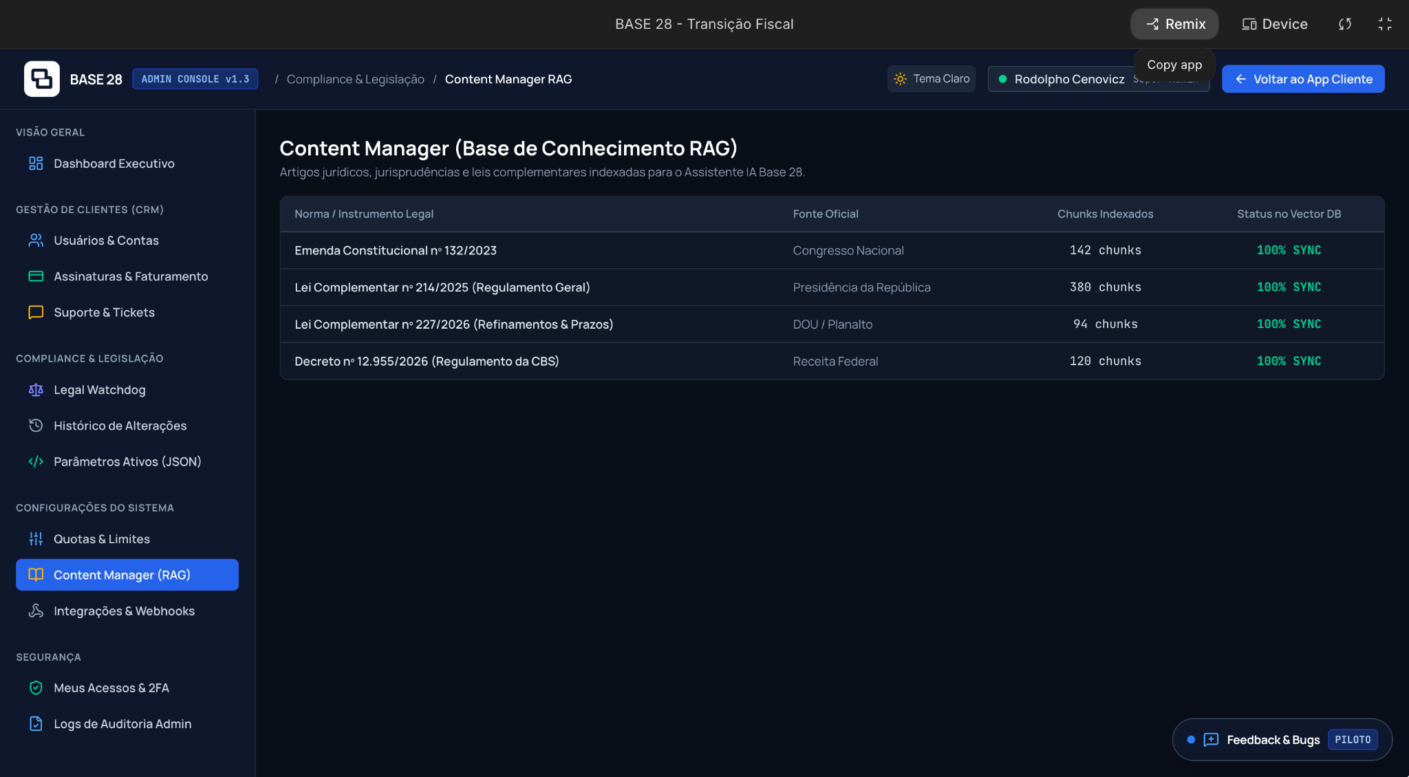 BASE 28 knowledge manager showing source documents and indexing status