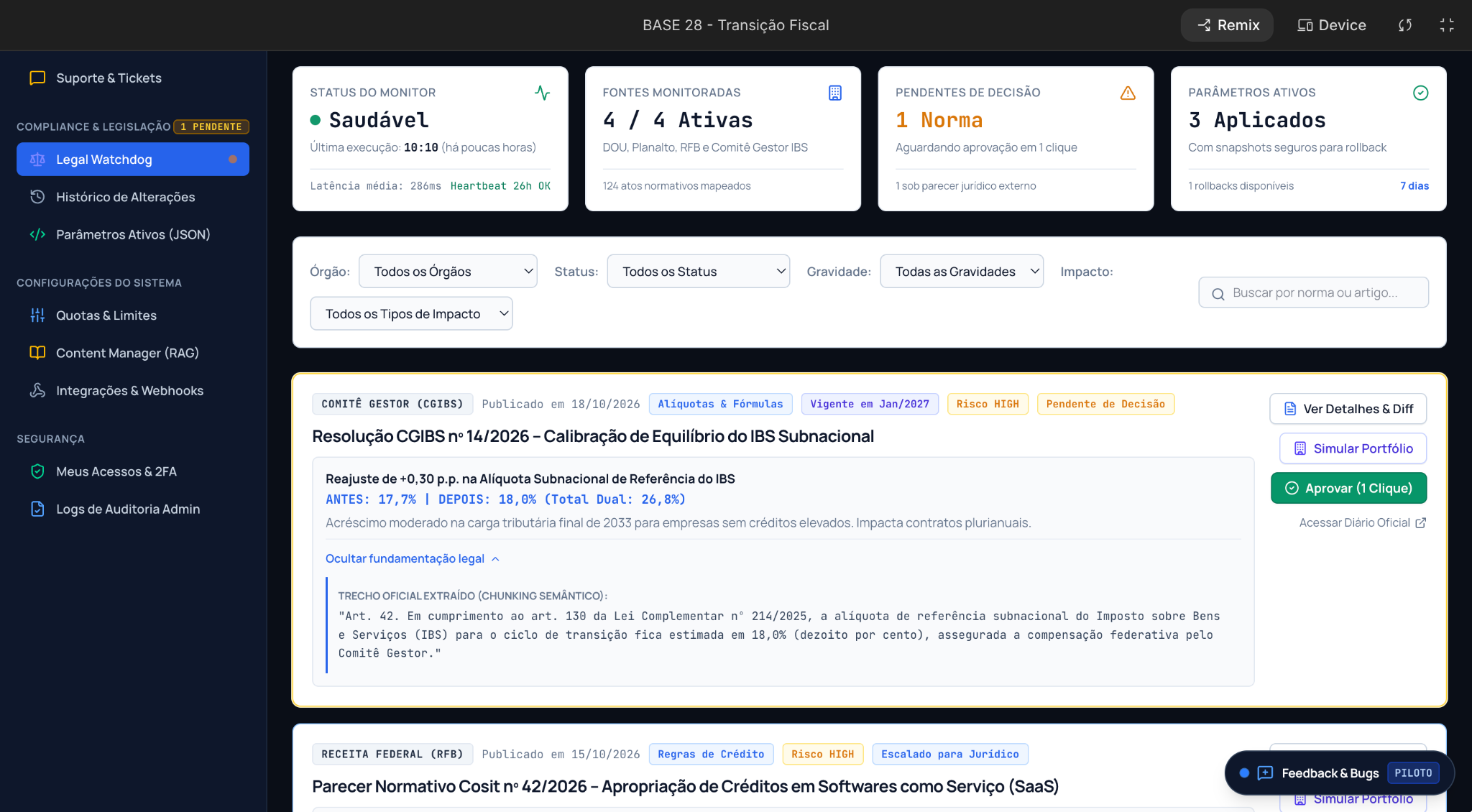 BASE 28 Legal Watchdog queue with a pending parameter change