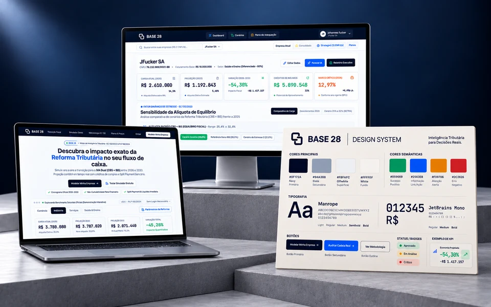 BASE 28 dashboard, landing page and design system presented in a studio mockup