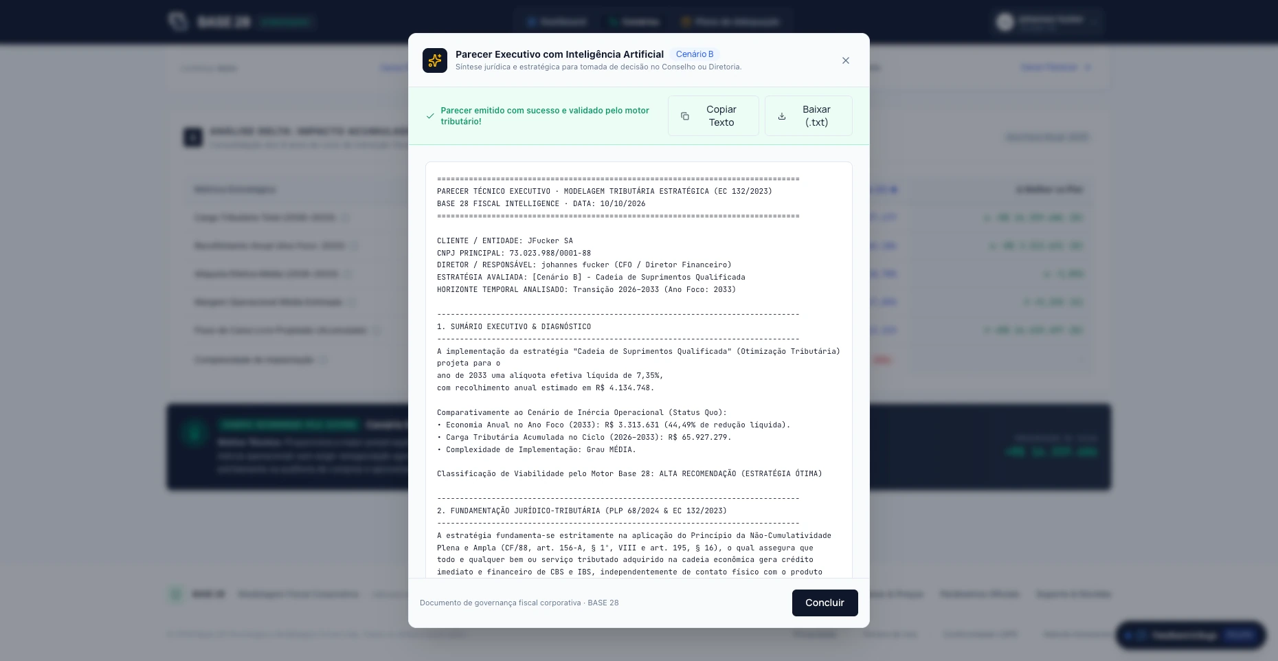 BASE 28 executive AI opinion for scenario B, with options to copy and download the generated text