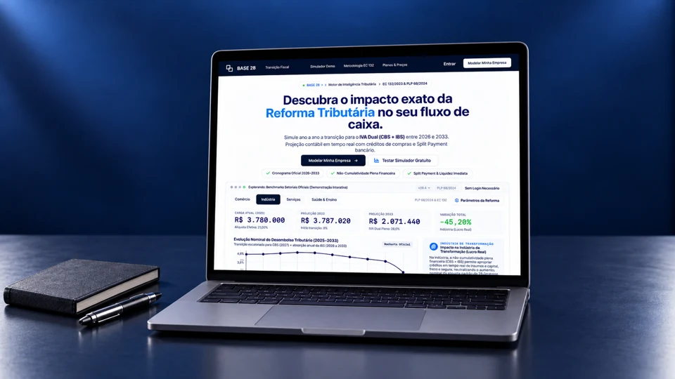 Simulador da transição tributária BASE 28 exibido em notebook