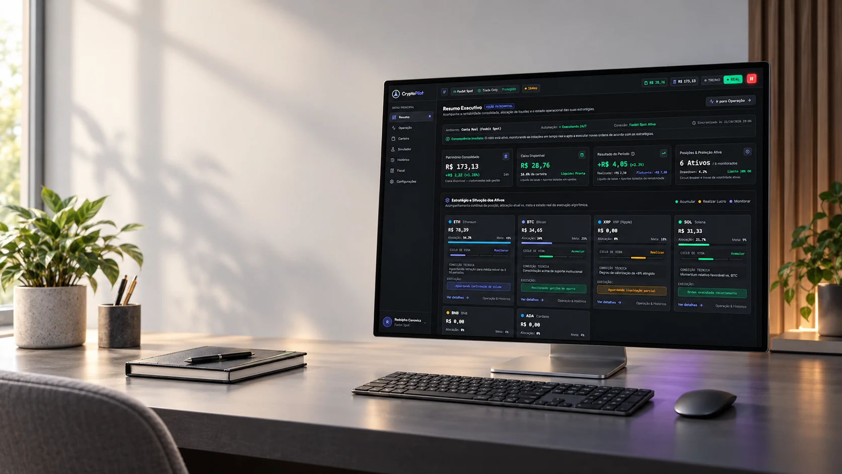 CryptoPilot executive dashboard on a desktop monitor in a naturally lit home office