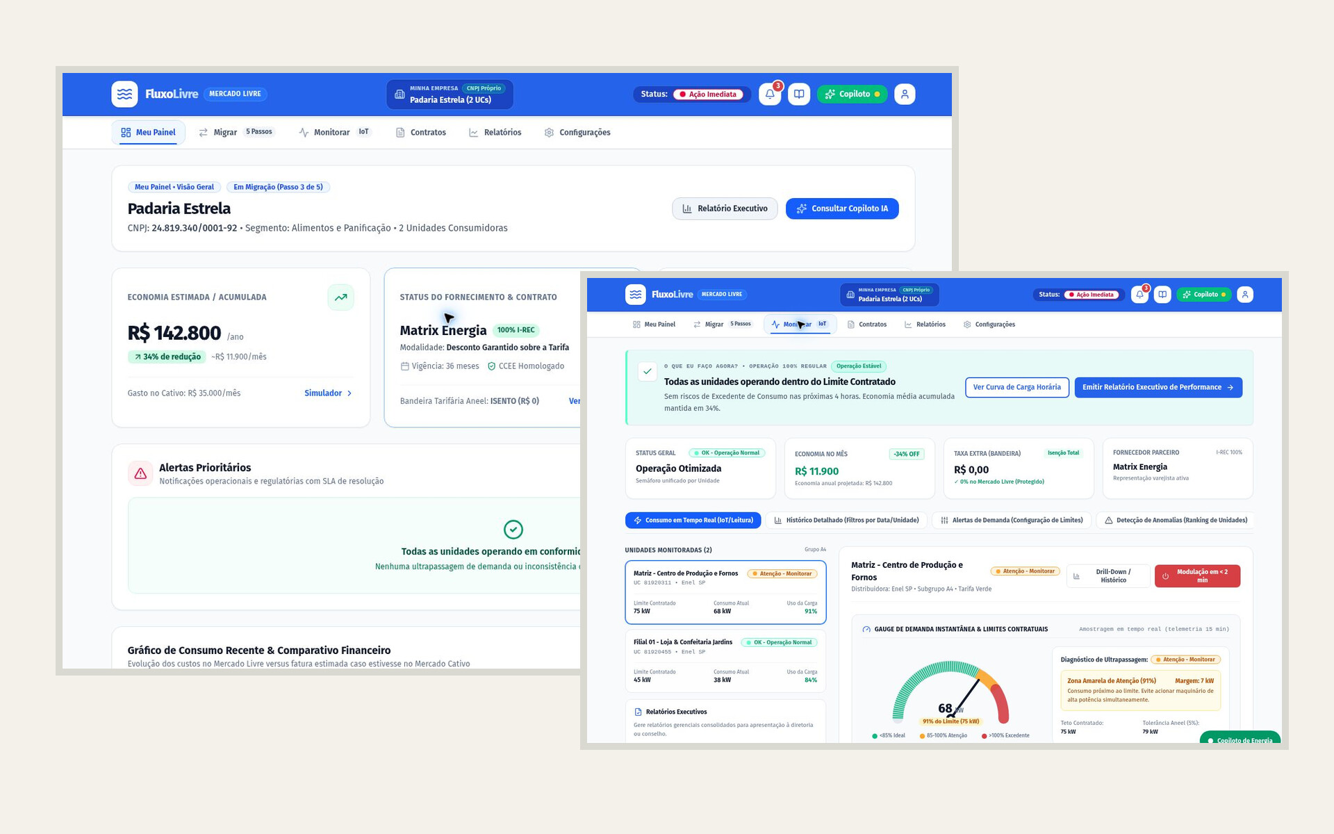 FluxoLivre dashboard and real-time monitoring views