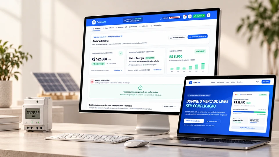 FluxoLivre dashboard and landing page displayed on desktop and laptop in an energy management studio setting